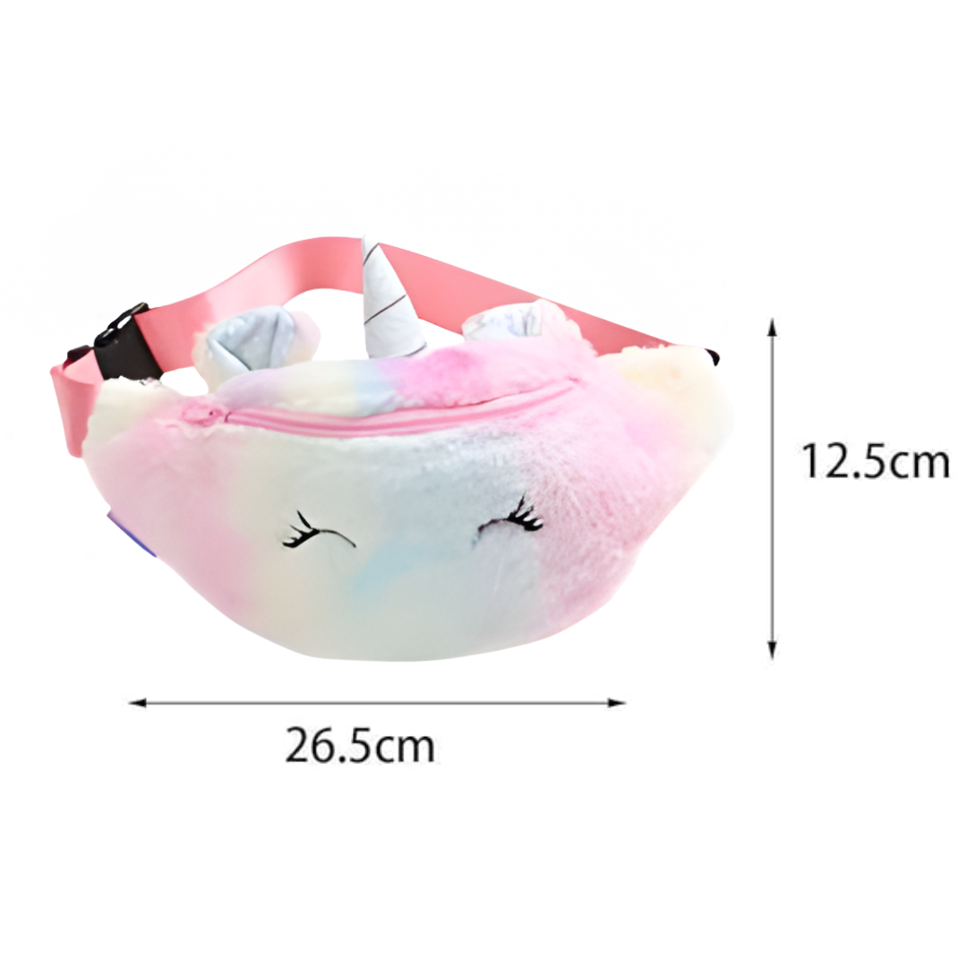 Pink unicorn-themed fanny pack with measurements on a white background