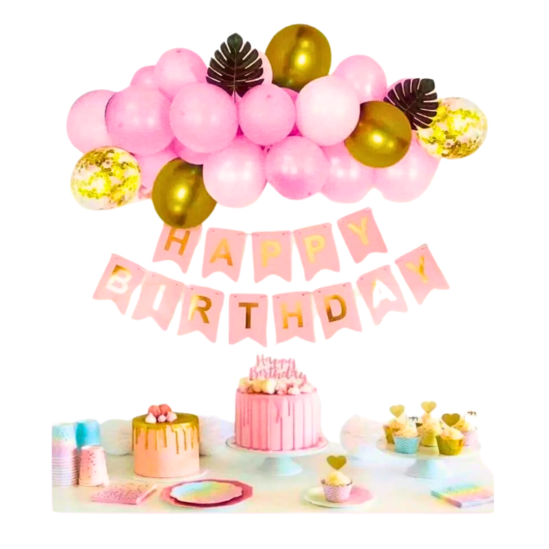 Balloon Set Latex + Banner + Leaves - Pink