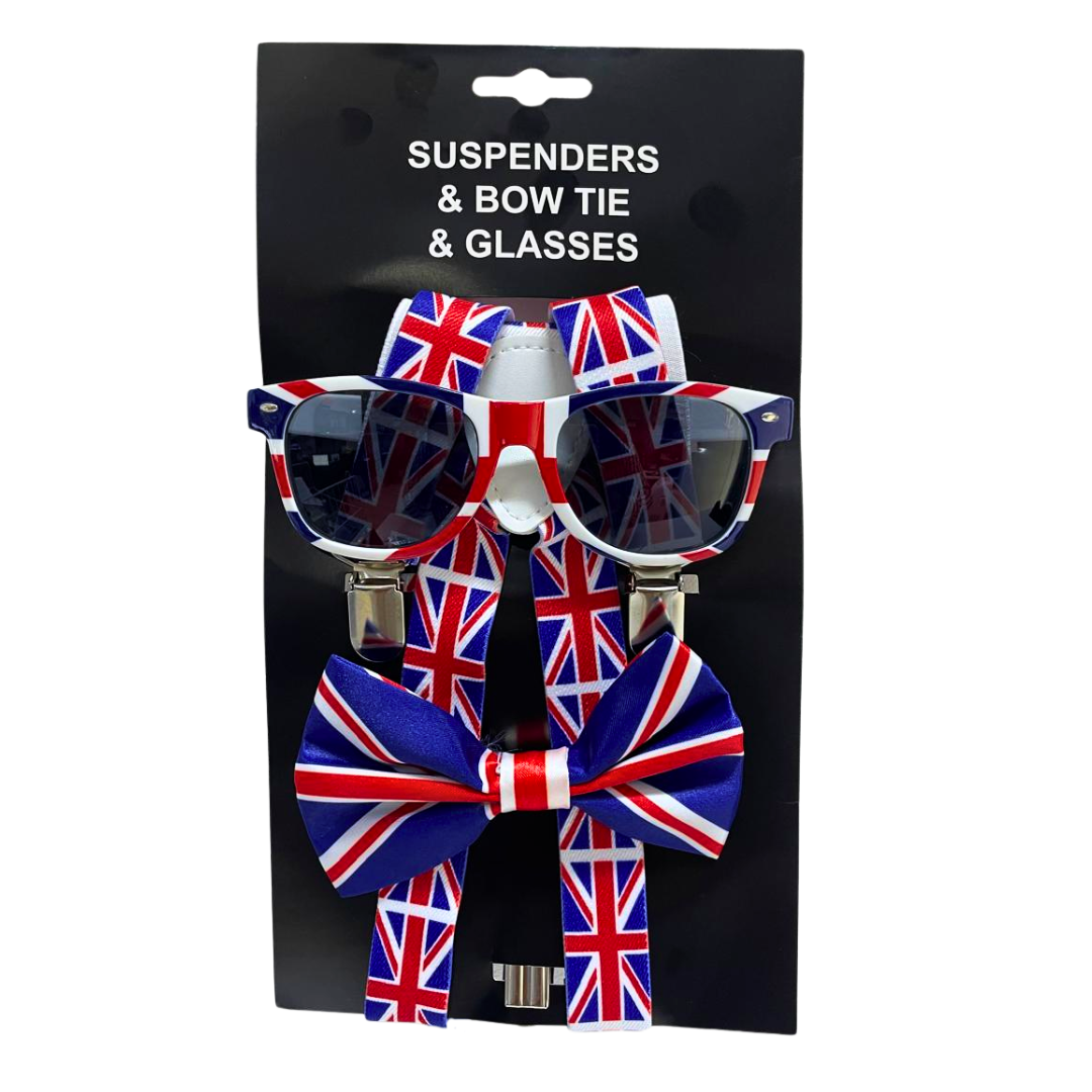 Union Jack Suspenders Bowtie and Glasses Set
