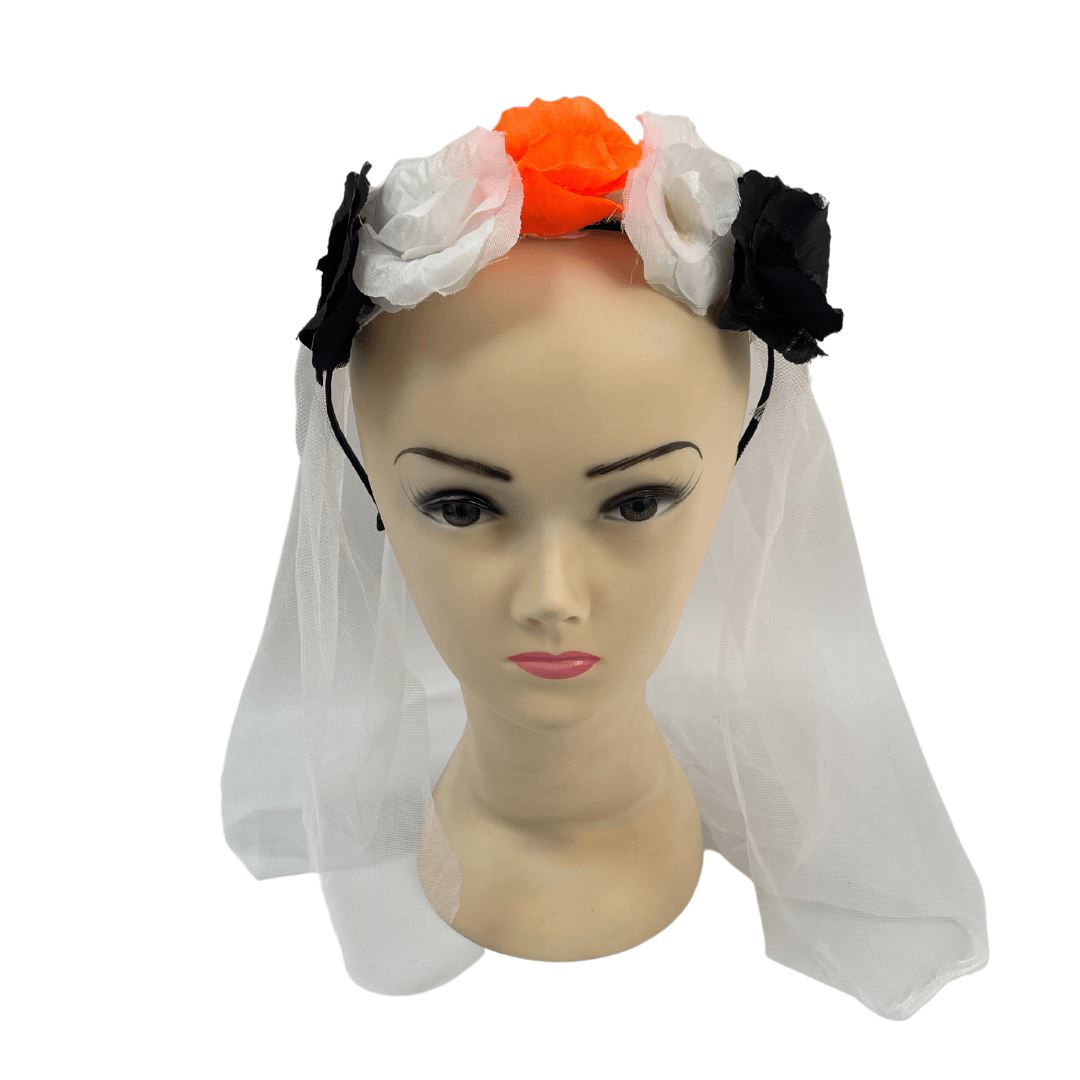 Aliceband Veil & Flower Black, White and Orange