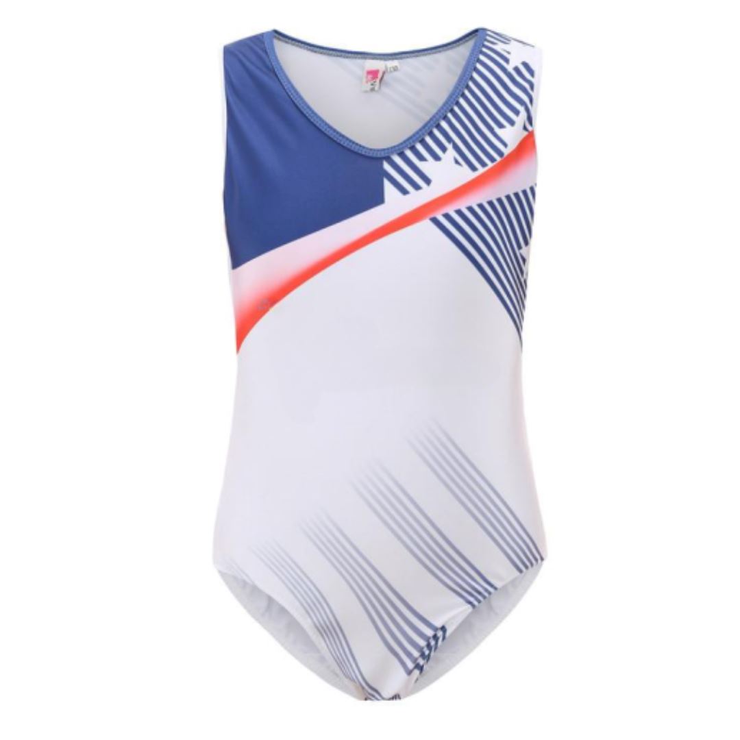 Boys White Blue and Red Gymnastics Leotard