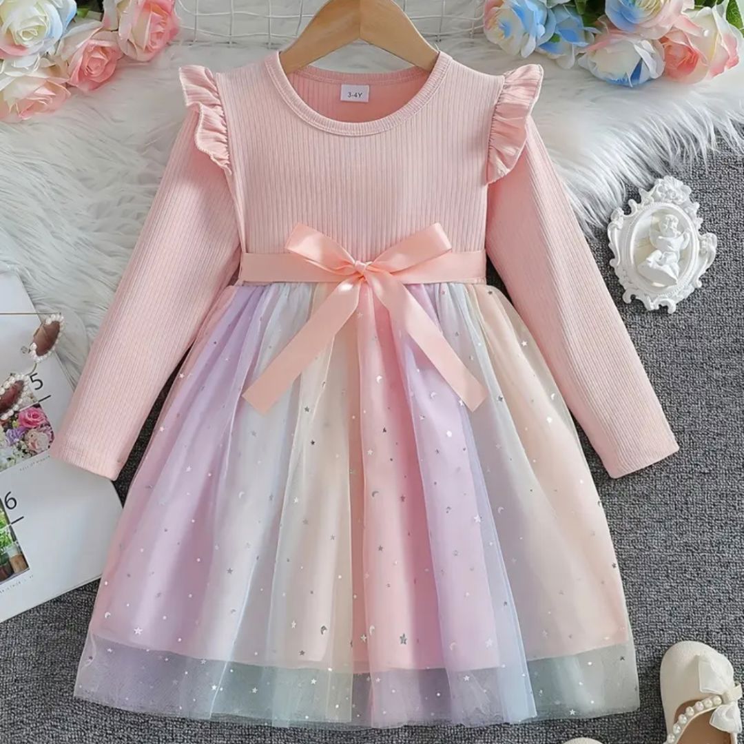 Pastel Sparkle Princess Dress – Long Sleeve Rainbow Tulle for Girls