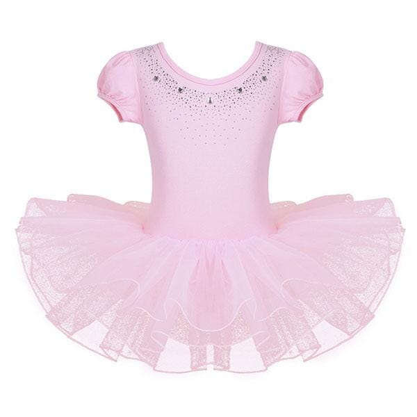 Pink Ballet Tutu Dress Puff Sleeve Rhinestones