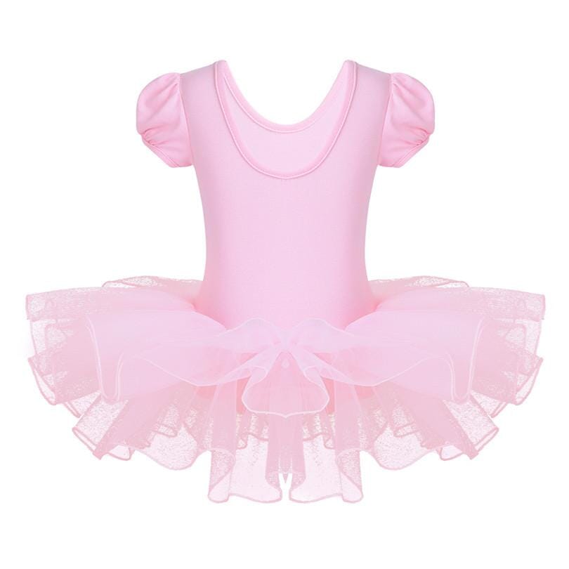 Pink Ballet Tutu Dress Puff Sleeve Rhinestones