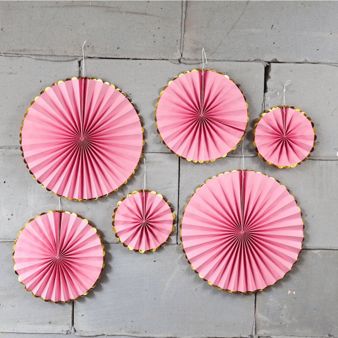 Pink Party Paper Fans Gold Trim