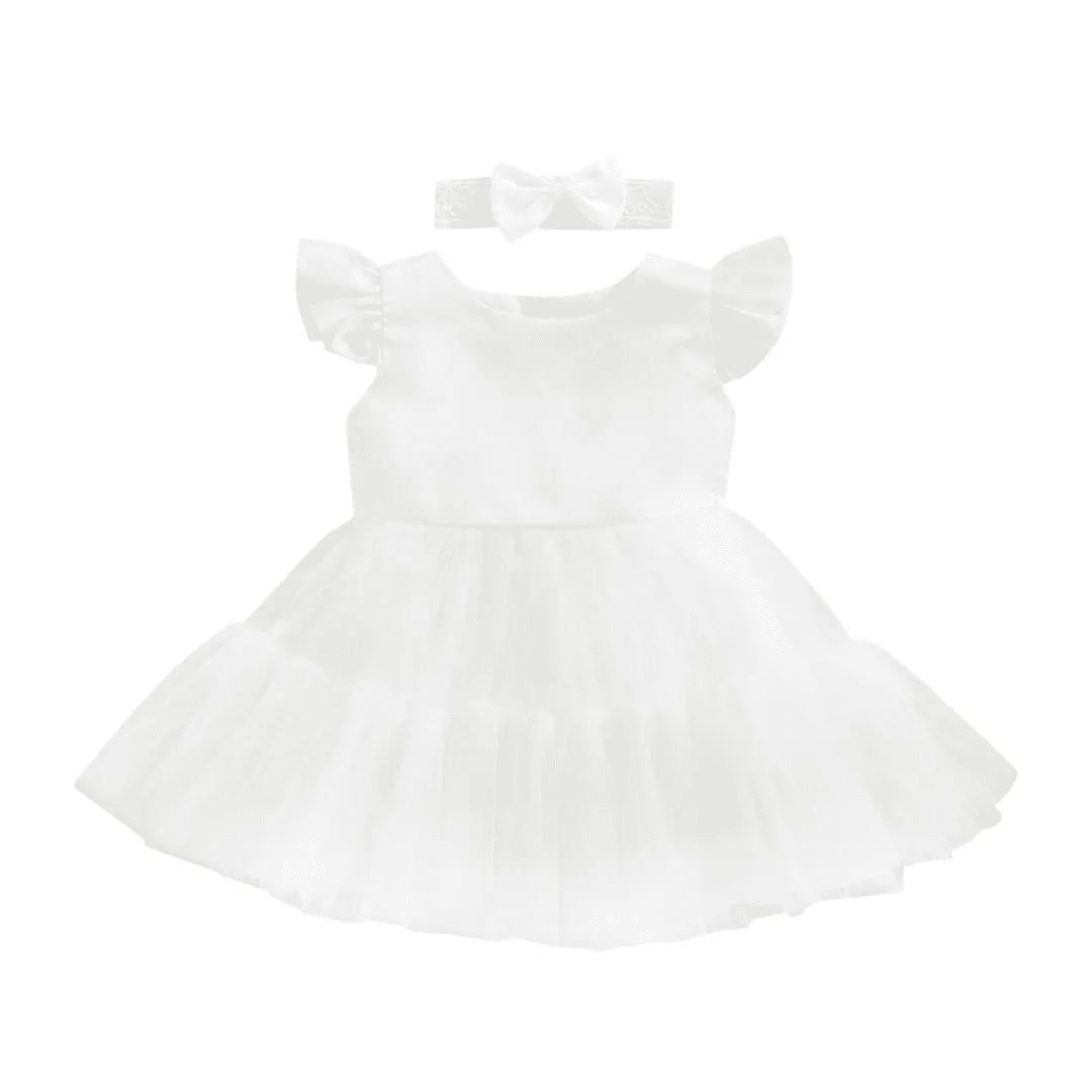 White Flower Girl Dress & Headband